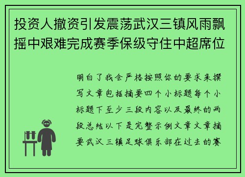 投资人撤资引发震荡武汉三镇风雨飘摇中艰难完成赛季保级守住中超席位 投资人撤资引发震荡武汉三镇风雨飘摇中艰难完成赛季保级守住中超席位